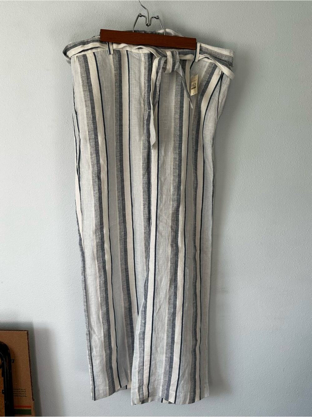 Talbots Striped Linen Wide Leg Pants Paperbag Tie High Waist Trouser